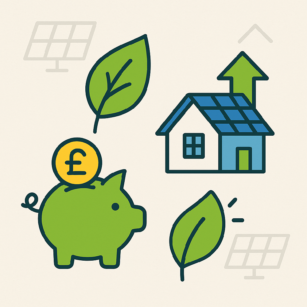  icons representing the benefits of solar energy - a piggy bank for solar savings, a green leaf, a house with an upward arrow for property value.